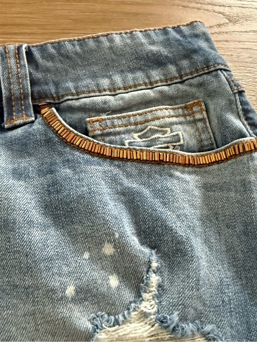 Harley-Davidson Denim Distressed Y2K Mini Skirt Embellished Cut Jeans Women 14 - Picture 5 of 14